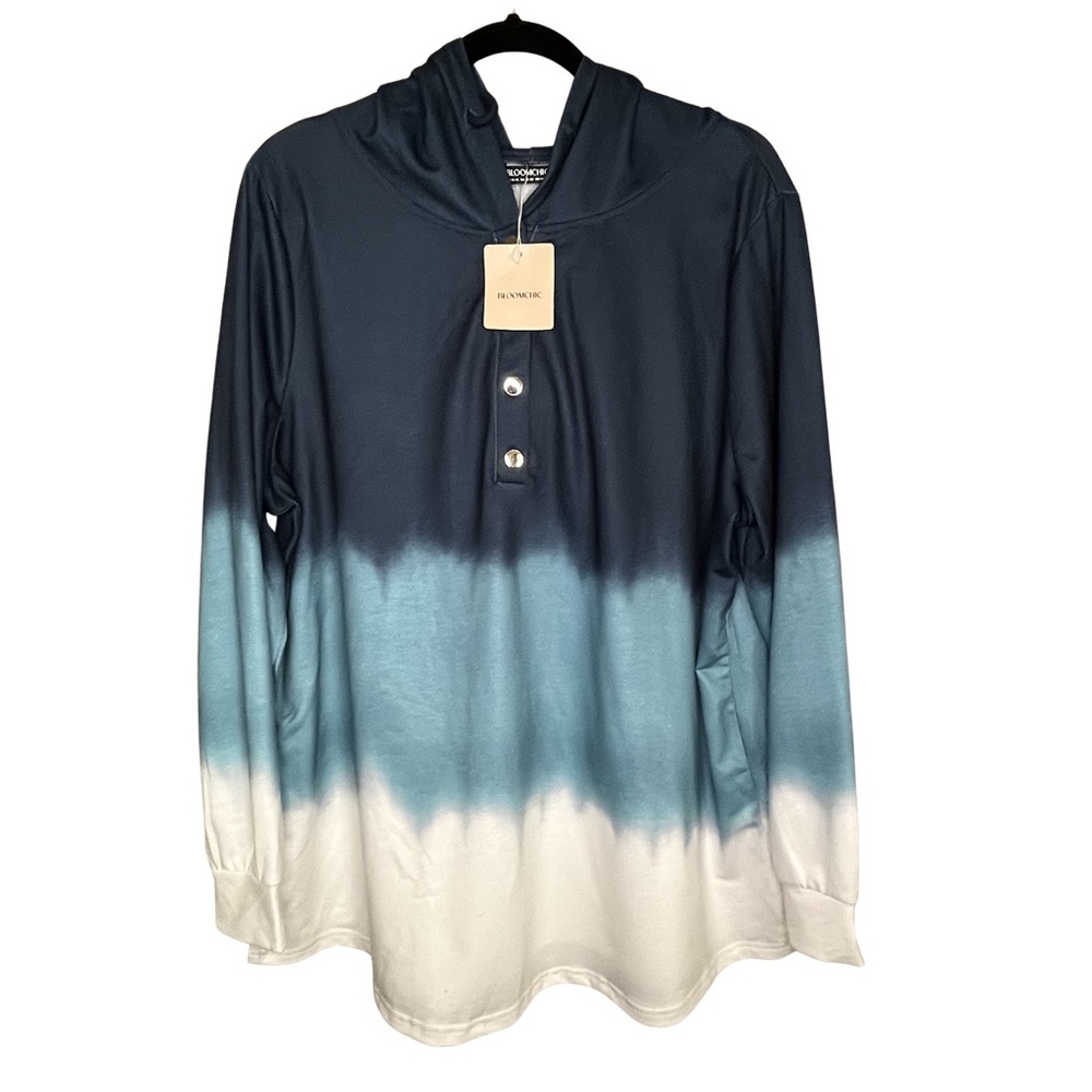 NWT BloomChic 14-16 Ombre Hooded Pullover in Navy, Teal & White